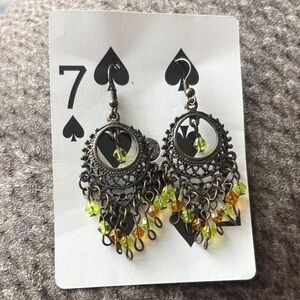Filigree Chandelier Earrings with Green and Amber Beads
